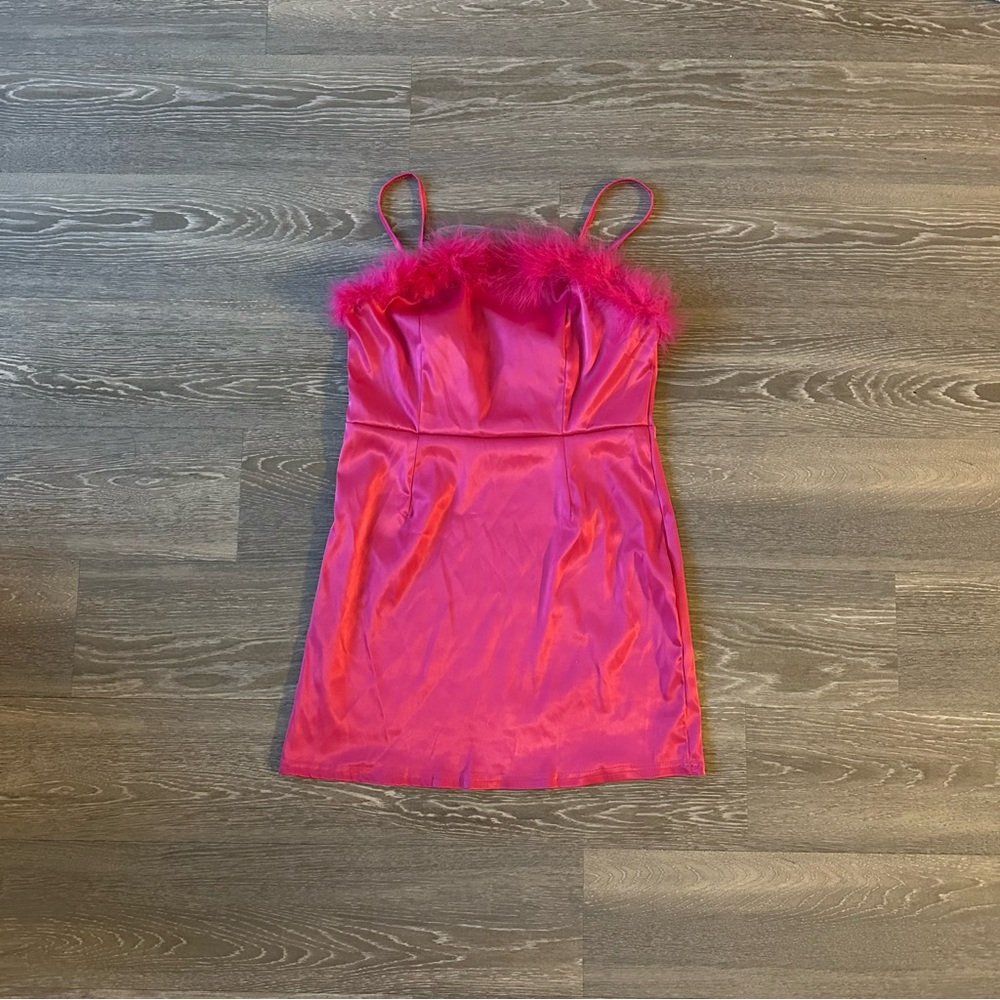 Pink Satin Dress with Feathers